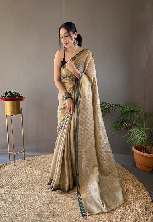 Beige-Green Soft Silk Zari Check Weaving Design Saree