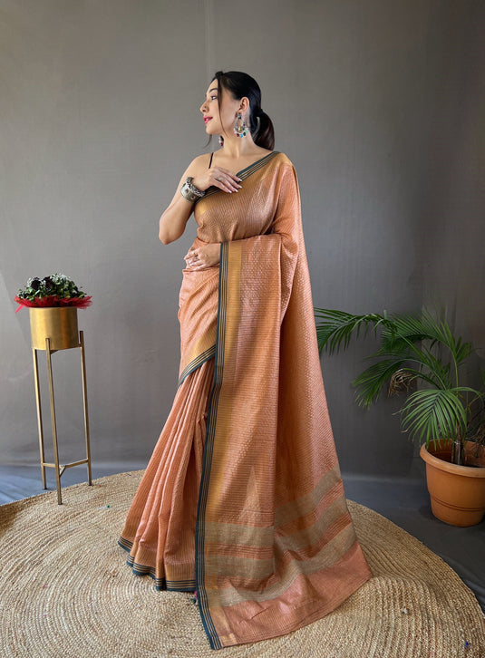 Orange Soft Silk Zari Check Weaving Design Saree