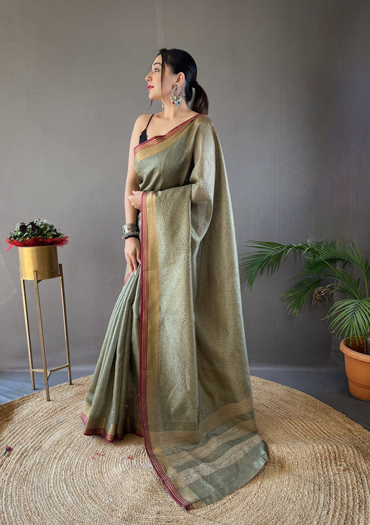 Mint Green Soft Silk Zari Check Weaving Design Saree