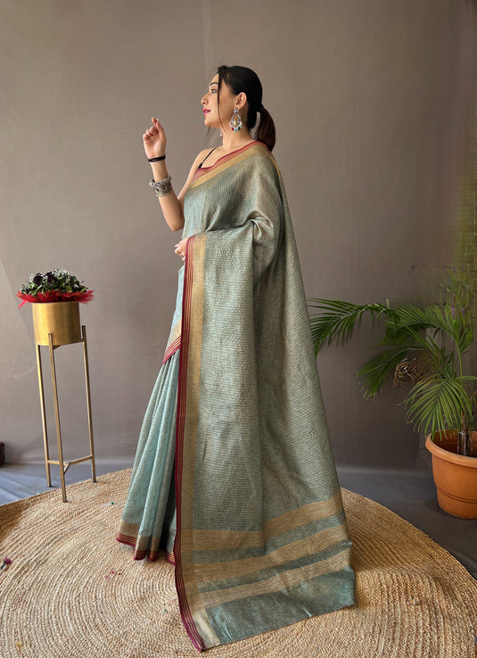 Olive Green Soft Silk Zari Check Weaving Design Saree