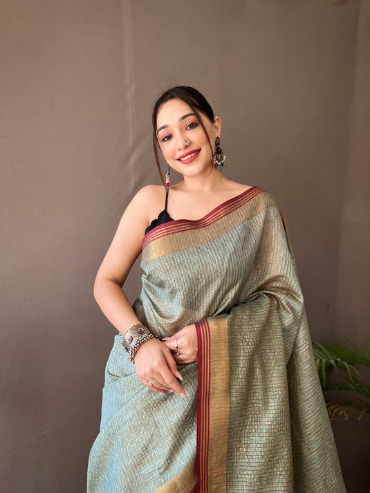 Olive Green Soft Silk Zari Check Weaving Design Saree