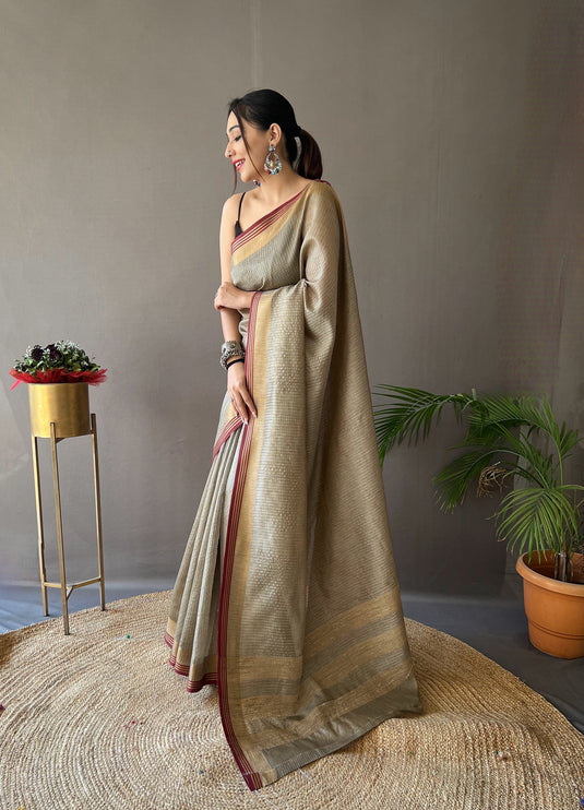 Beige-Maroon Soft Silk Zari Check Weaving Design Saree