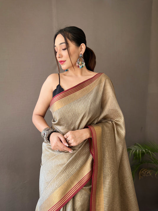 Beige-Maroon Soft Silk Zari Check Weaving Design Saree