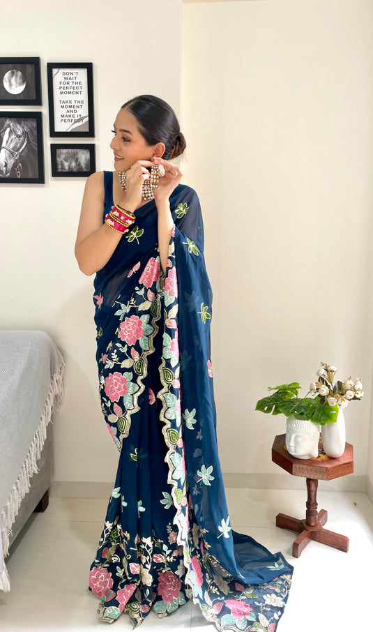 Navy Blue Designer Heavy Georgette Sequence Embroidered Work Saree