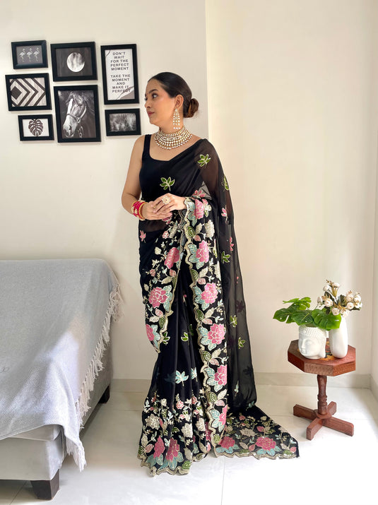 Black Designer Heavy Georgette Sequence Embroidered Work Saree