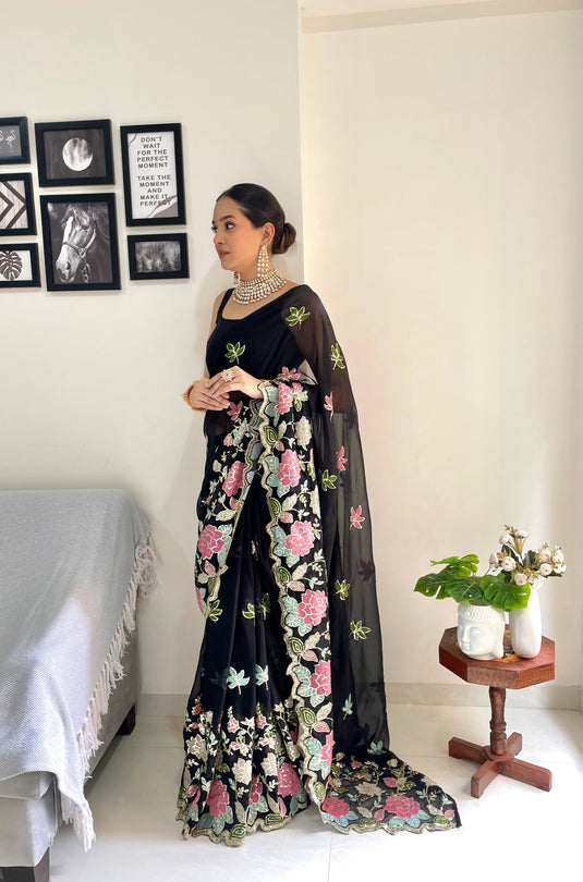 Black Designer Heavy Georgette Sequence Embroidered Work Saree