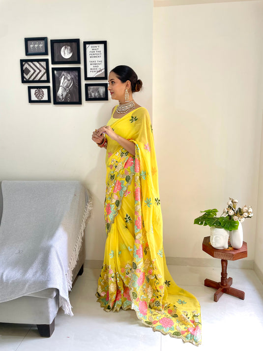 Mustard Yellow Designer Heavy Georgette Sequence Embroidered Work Saree