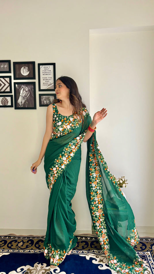 Bottle Green Premium Georgette Silk Border Multi Thread Embroidered Saree