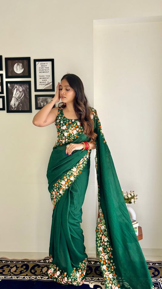 Bottle Green Premium Georgette Silk Border Multi Thread Embroidered Saree