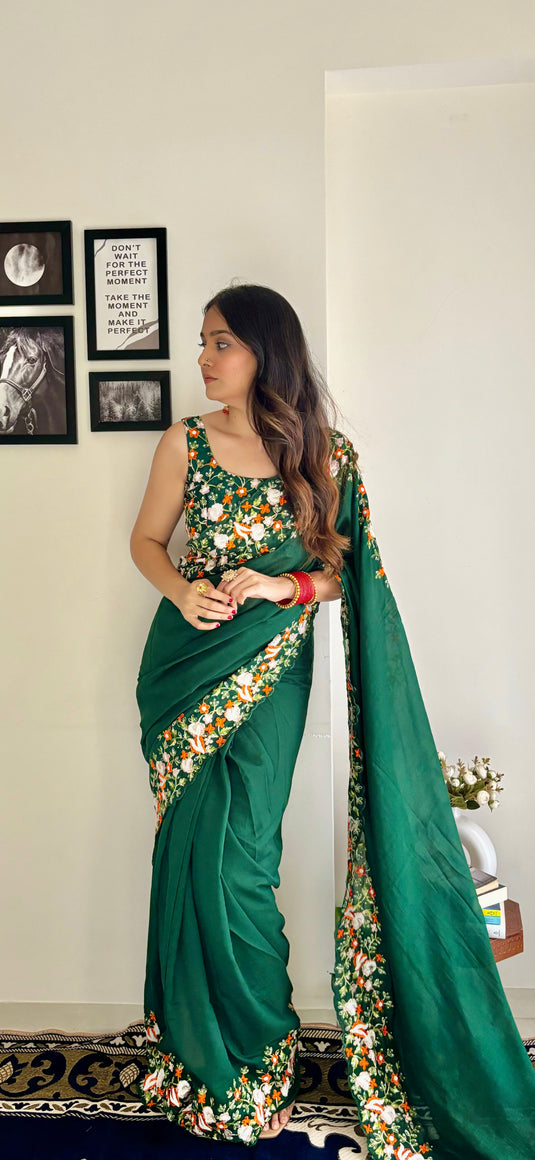 Bottle Green Premium Georgette Silk Border Multi Thread Embroidered Saree