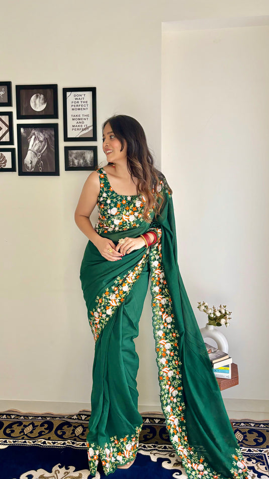 Bottle Green Premium Georgette Silk Border Multi Thread Embroidered Saree