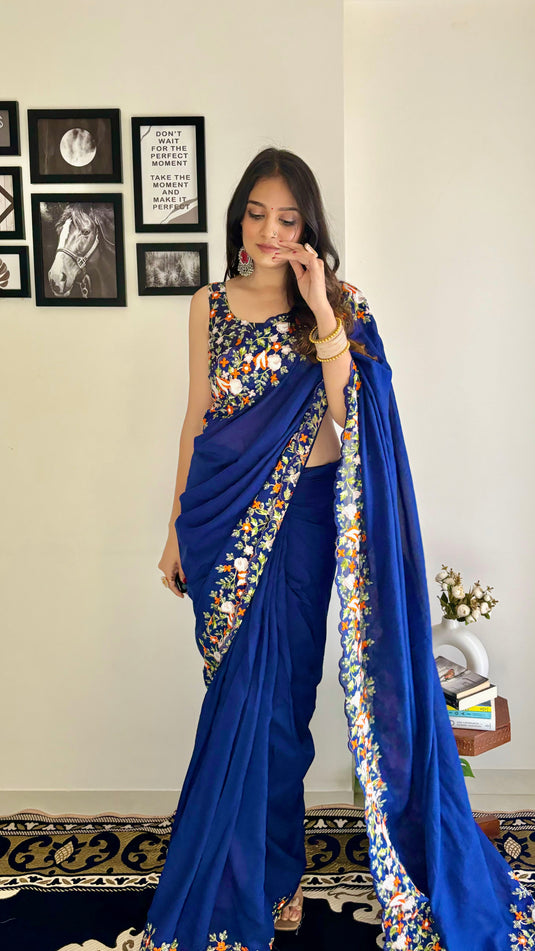 Navy Blue Premium Georgette Silk Border Multi Thread Embroidered Saree