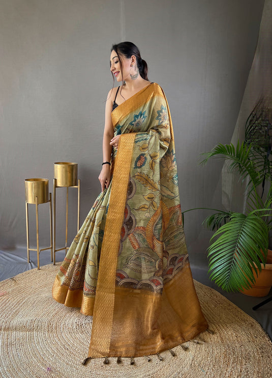 Mint Green Pure Tussar Silk Handprinted Kalamkari Print Saree