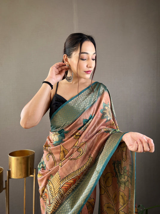 Peach pure tussar silk kalamkari printed zari weaving border saree