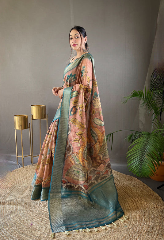 Peach pure tussar silk kalamkari printed zari weaving border saree