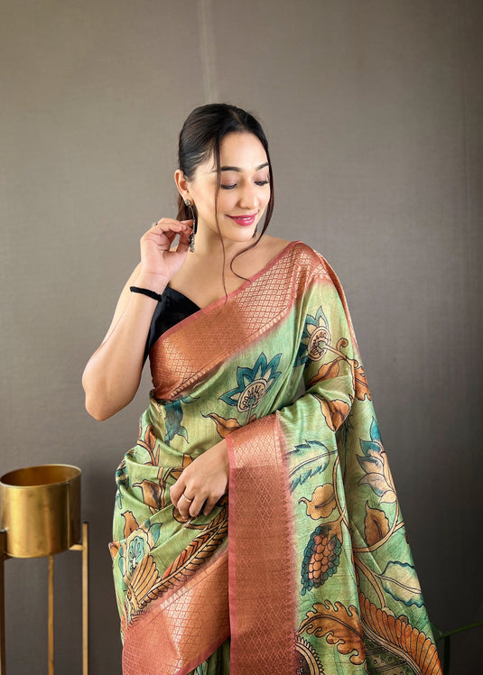 Parrot Green pure tussar silk kalamkari printed zari weaving border saree