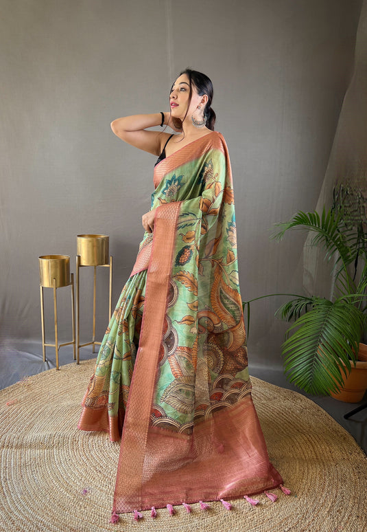 Parrot Green pure tussar silk kalamkari printed zari weaving border saree