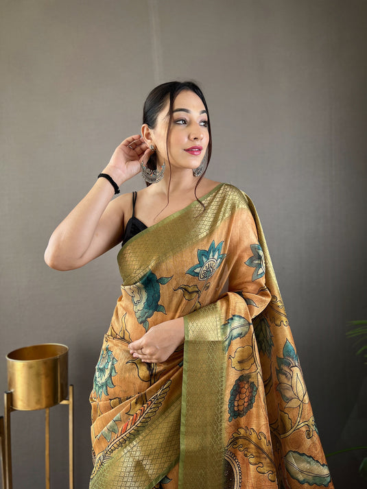 Yellow pure tussar silk kalamkari printed zari weaving border saree