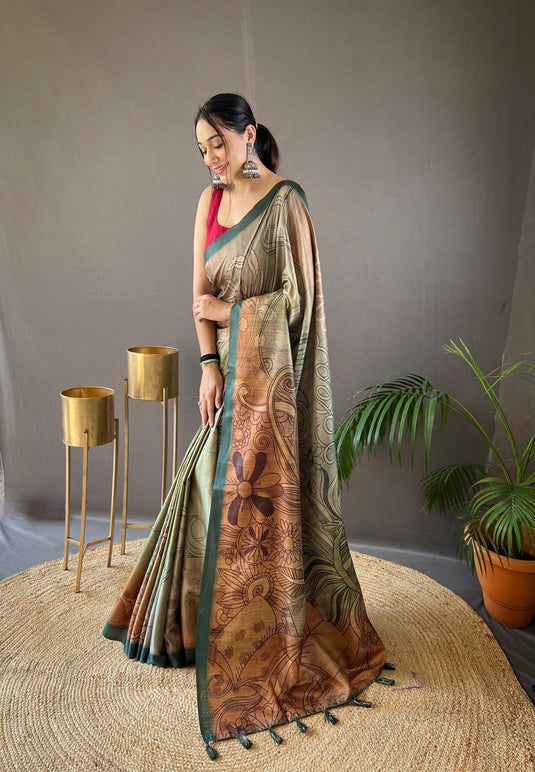 Olive green satin cotton kalamkari digital printed saree