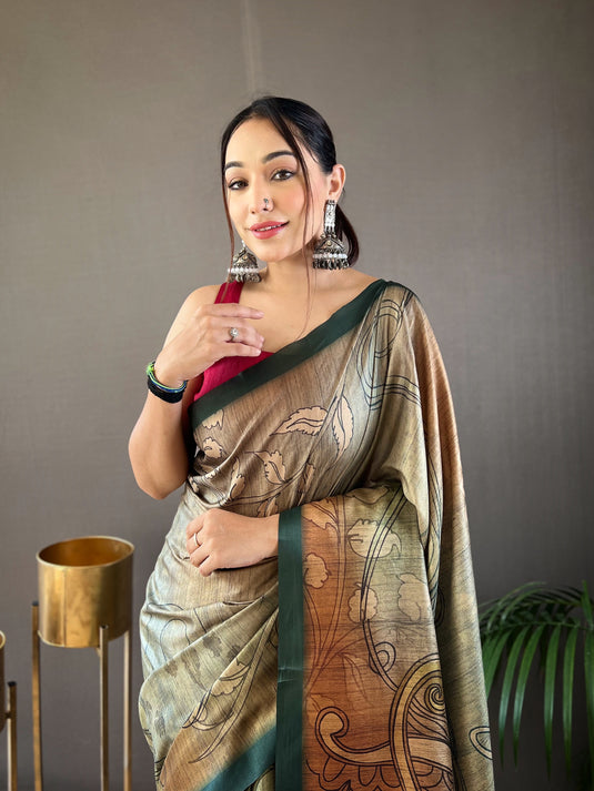 Olive green satin cotton kalamkari digital printed saree