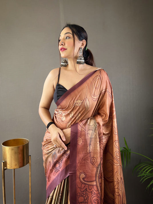 Maroon satin cotton kalamkari digital printed saree