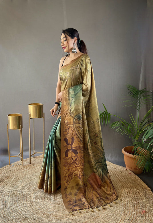 Green satin cotton kalamkari digital printed saree