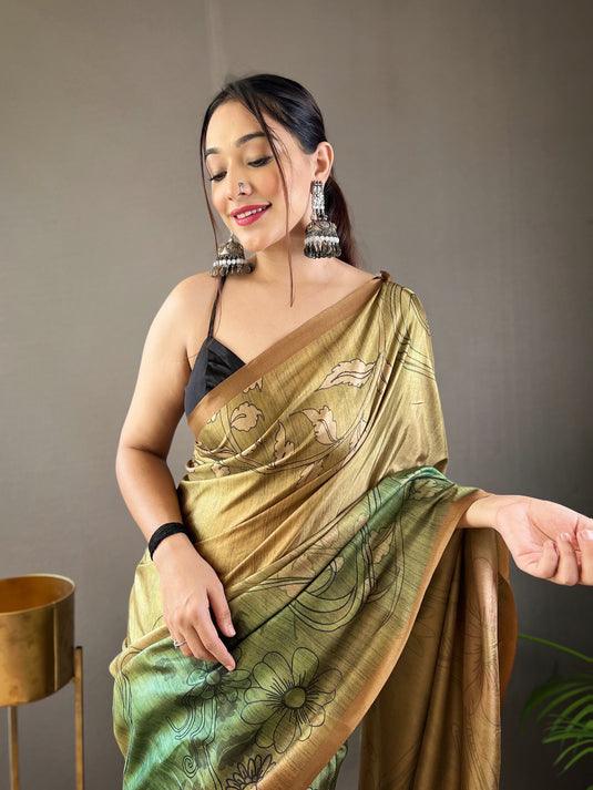 Green satin cotton kalamkari digital printed saree