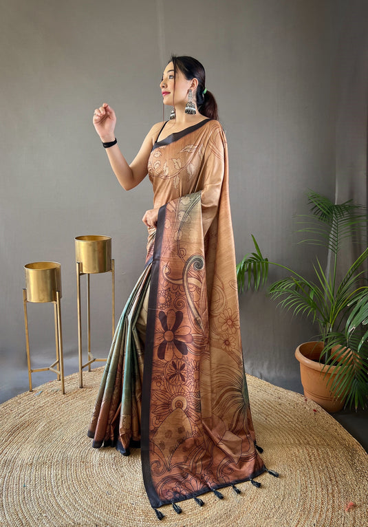 Beige satin cotton kalamkari digital printed saree