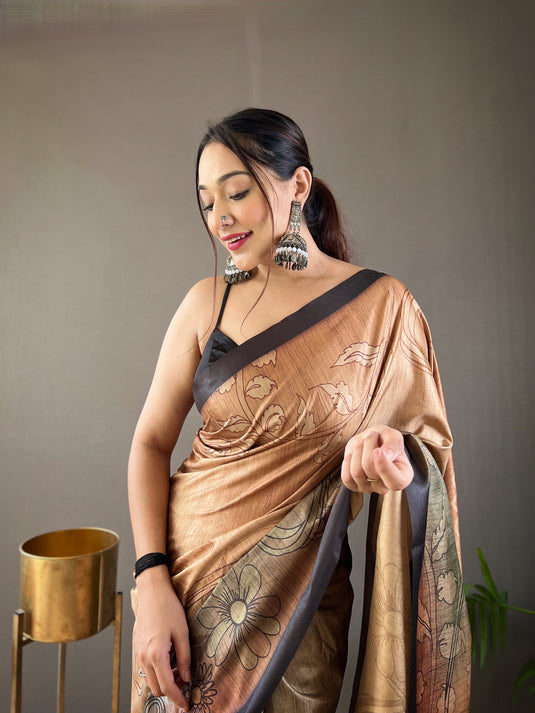 Beige satin cotton kalamkari digital printed saree