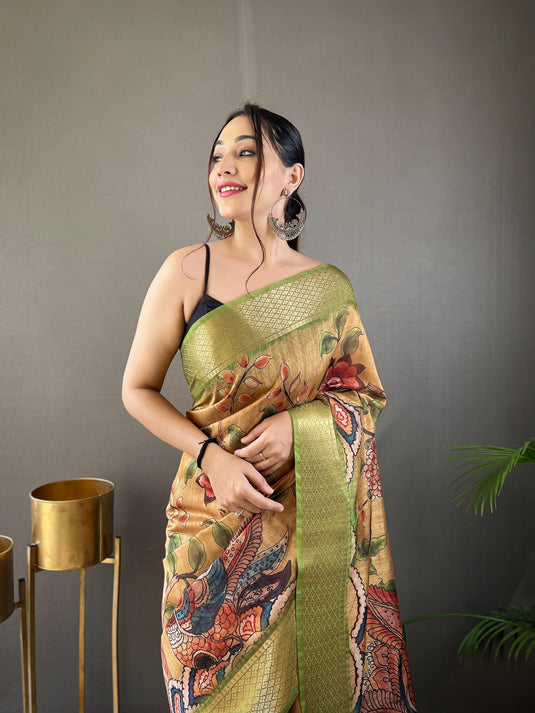 Mustard Yellow pure tussar silk kalamkari digital printed saree