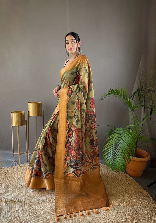 Mint green pure tussar silk kalamkari digital printed saree