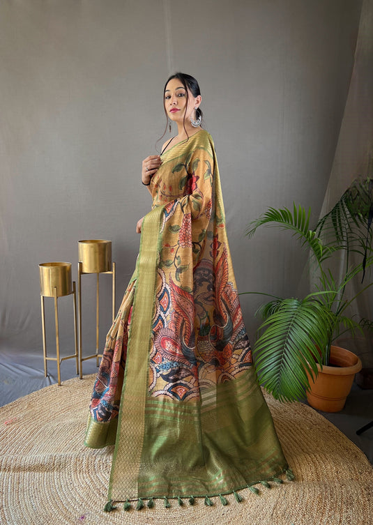 Mustard Yellow pure tussar silk kalamkari digital printed saree