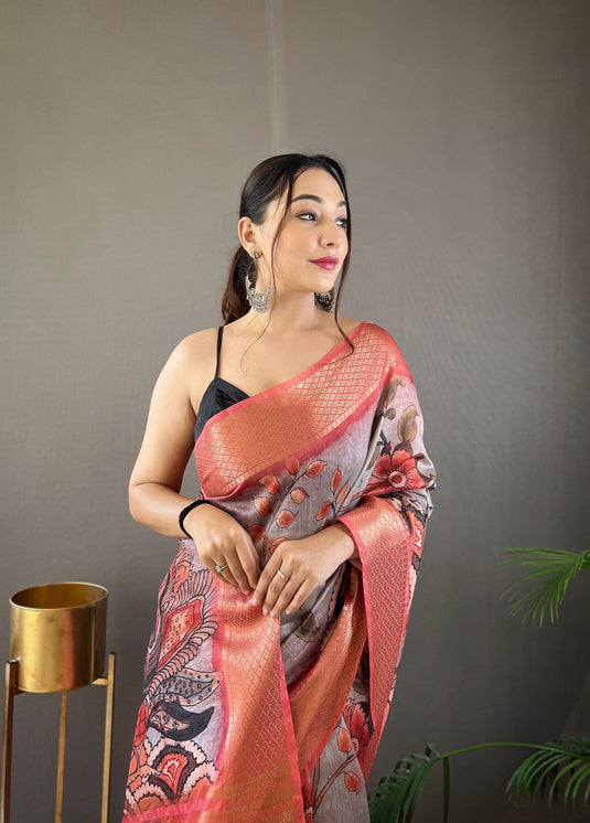 Grey pure tussar silk kalamkari digital printed saree