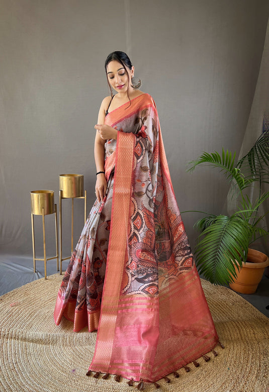 Grey pure tussar silk kalamkari digital printed saree