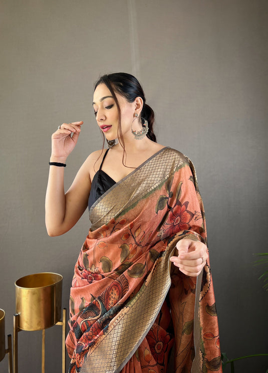 Orange pure tussar silk kalamkari digital printed saree