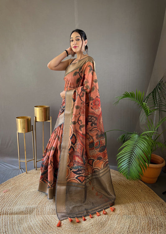 Orange pure tussar silk kalamkari digital printed saree