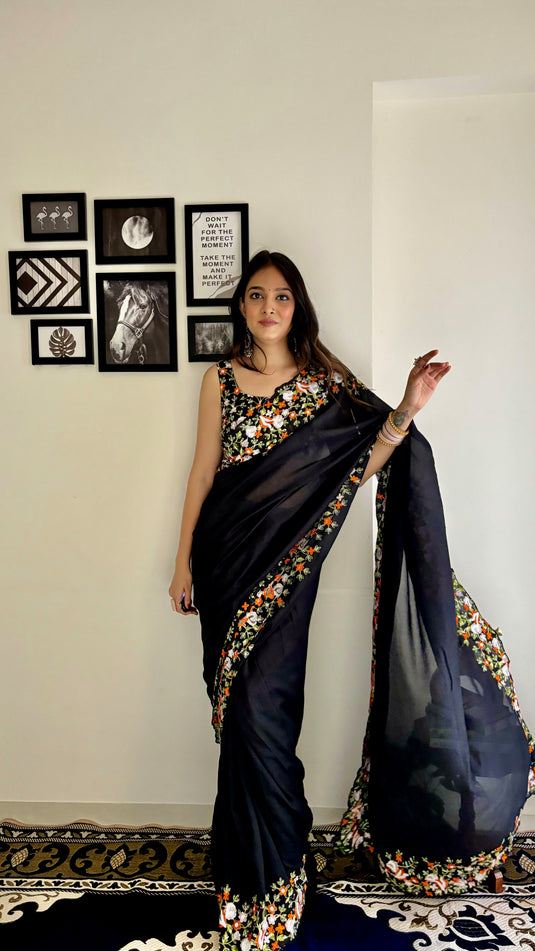 Black Premium Georgette Silk Border Multi Thread Embroidered Saree