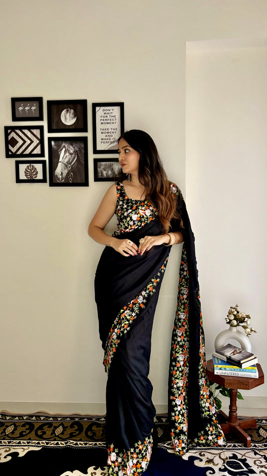 Black Premium Georgette Silk Border Multi Thread Embroidered Saree