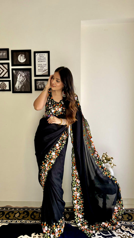 Black Premium Georgette Silk Border Multi Thread Embroidered Saree