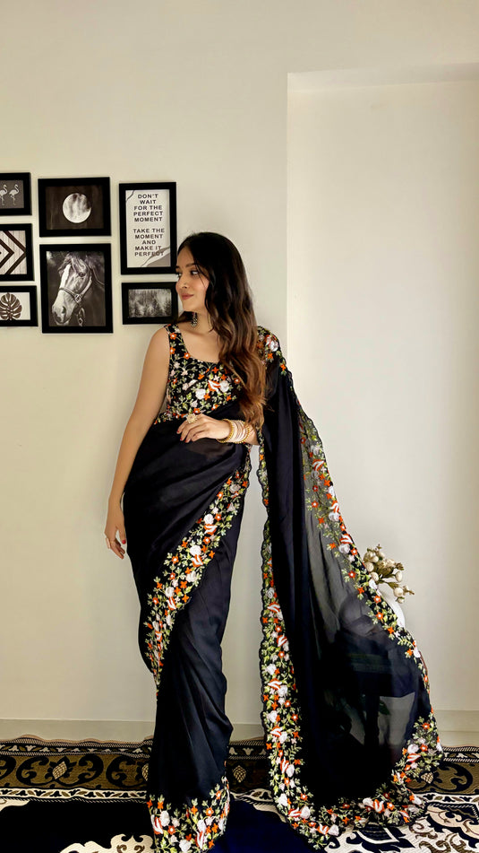 Black Premium Georgette Silk Border Multi Thread Embroidered Saree