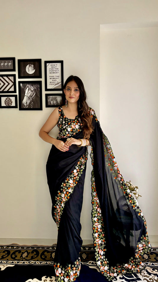 Black Premium Georgette Silk Border Multi Thread Embroidered Saree