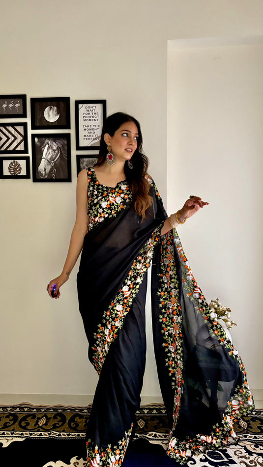 Black Premium Georgette Silk Border Multi Thread Embroidered Saree