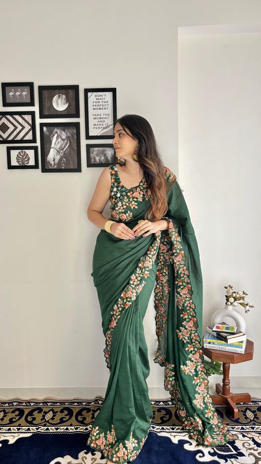 Bottle Green Trendy Georgette Silk Border Multi Thread Embroidered Saree