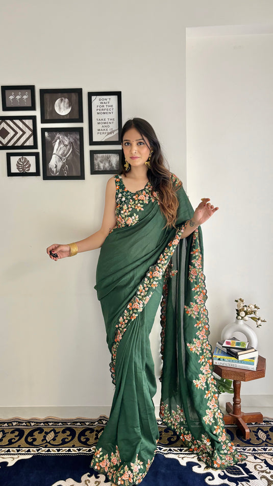 Bottle Green Trendy Georgette Silk Border Multi Thread Embroidered Saree