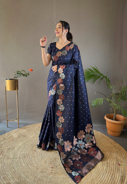 Navy Blue classic soft silk copper and gold floral weaving saree