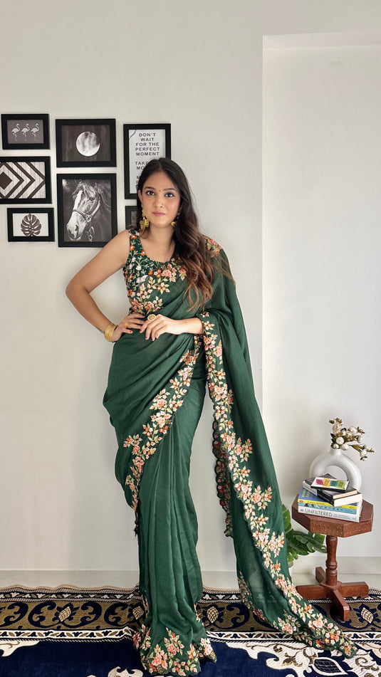 Bottle Green Trendy Georgette Silk Border Multi Thread Embroidered Saree