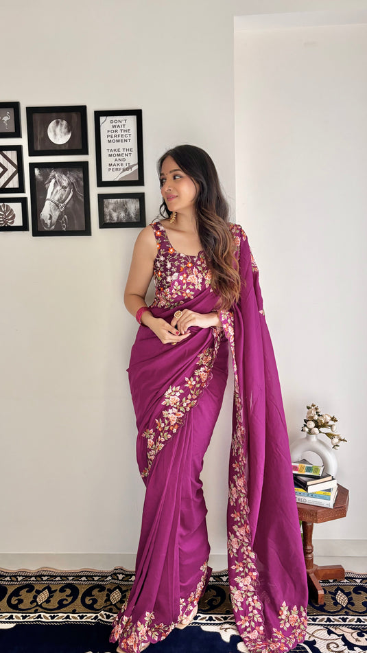 Wine Trendy Georgette Silk Border Multi Thread Embroidered Saree