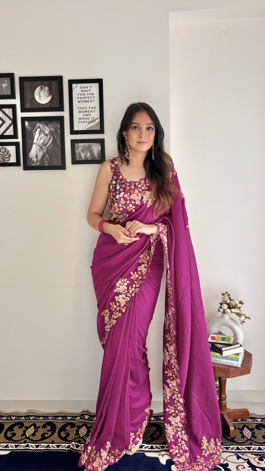 Wine Trendy Georgette Silk Border Multi Thread Embroidered Saree