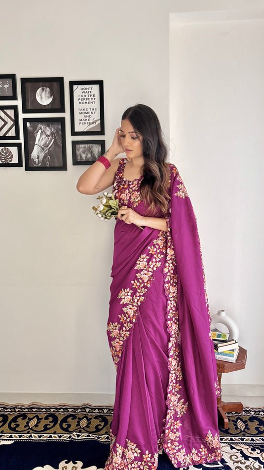 Wine Trendy Georgette Silk Border Multi Thread Embroidered Saree