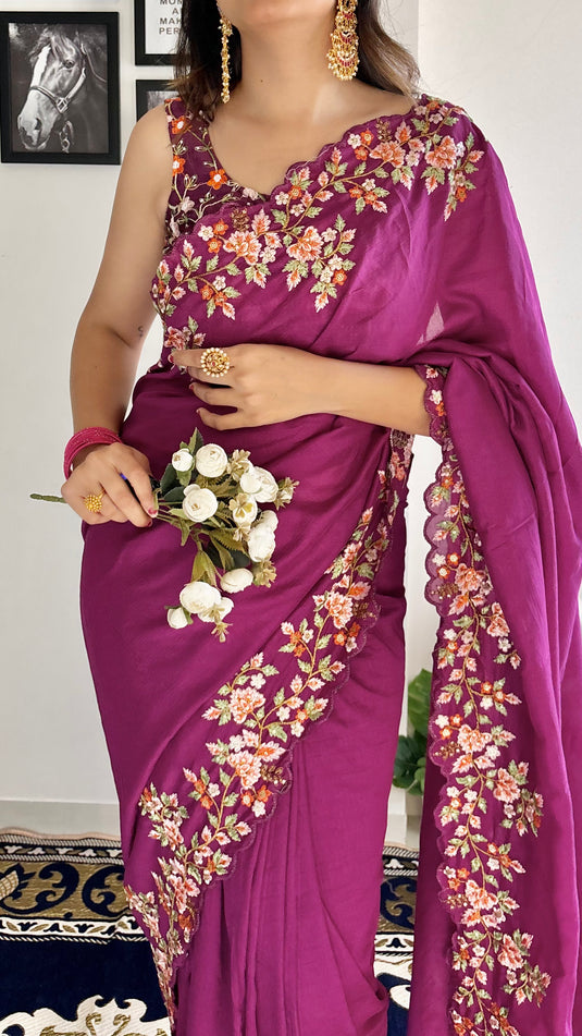 Wine Trendy Georgette Silk Border Multi Thread Embroidered Saree